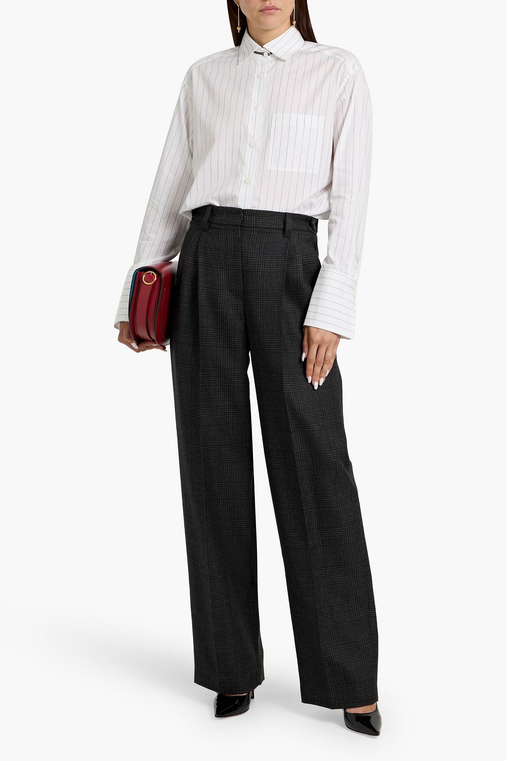 BRUNELLO CUCINELLI Bead-embellished pinstriped cotton and silk-blend poplin shirt