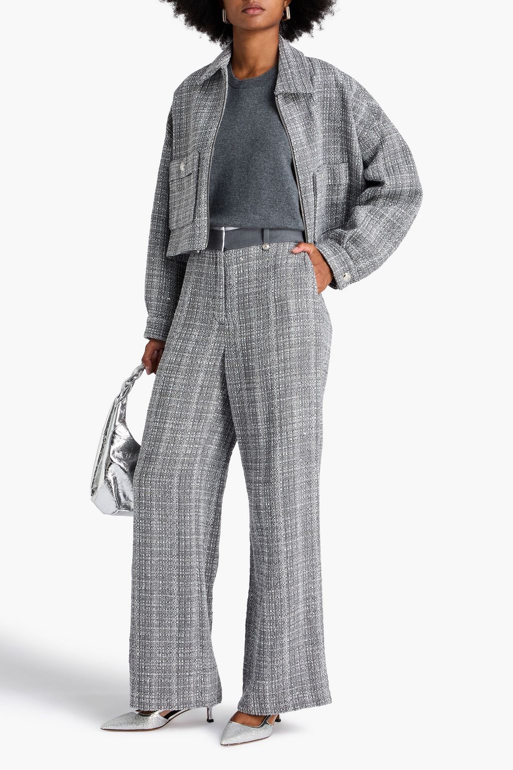 MAJE Sequin-embellished tweed wide-leg pants