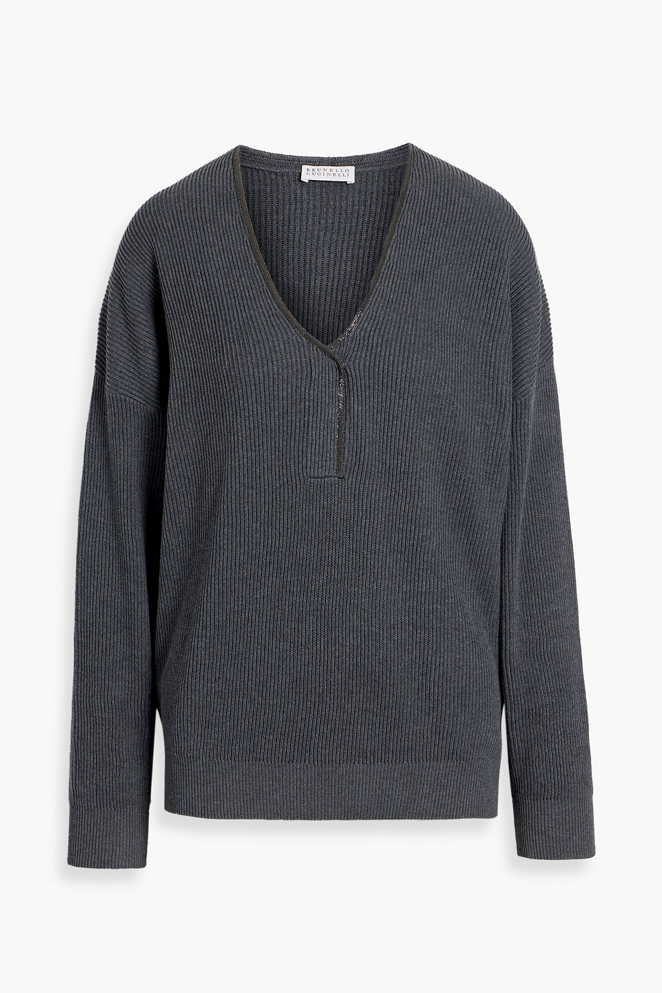 Brunello Cucinelli Bead-embellished Ribbed Cotton Sweater In Animal Print