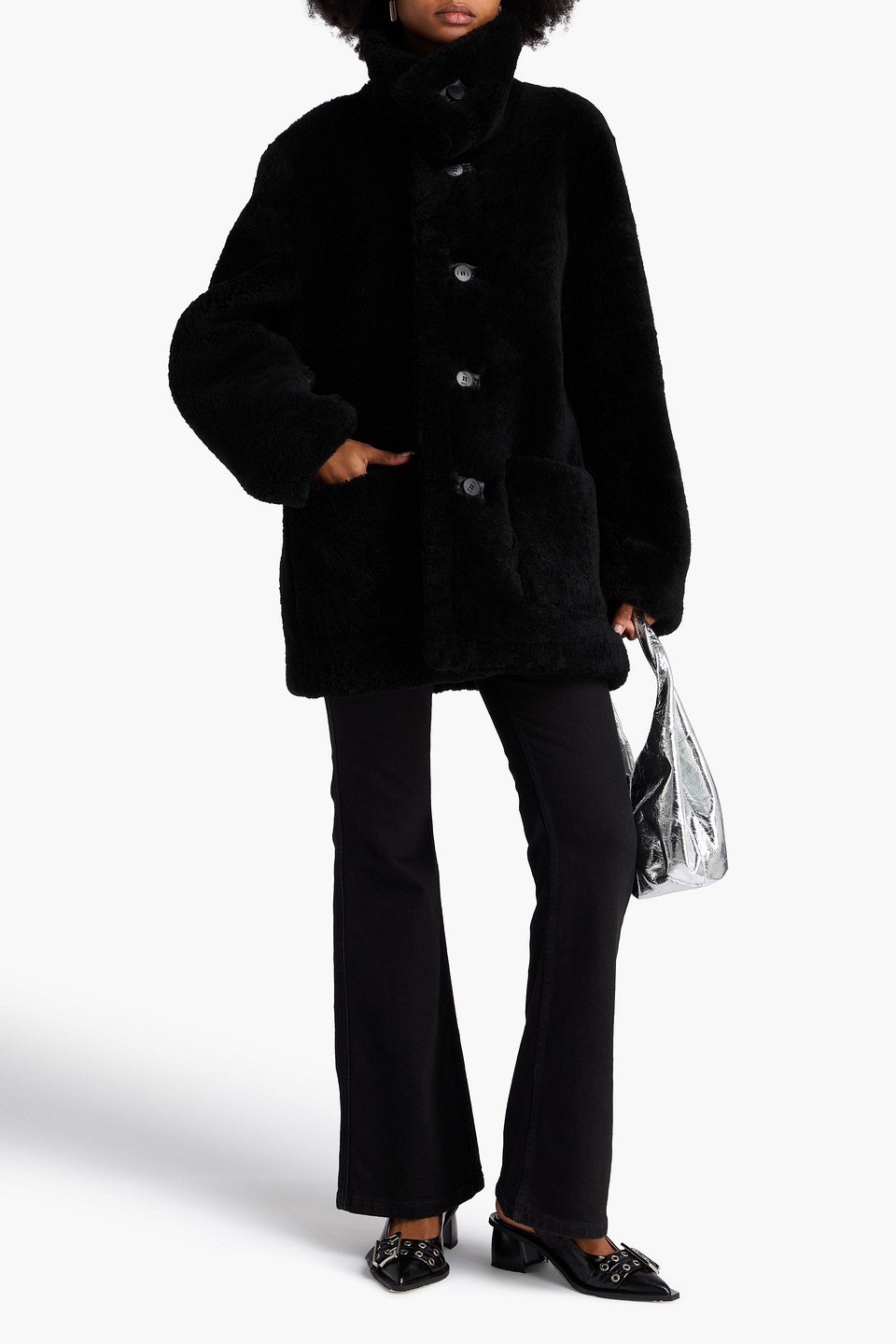 Maje Reversible Shearling Coat In Black