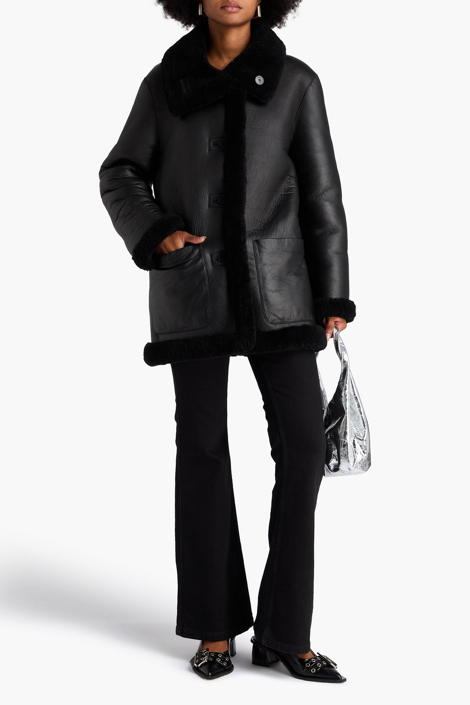 Maje Reversible Shearling Coat In Black