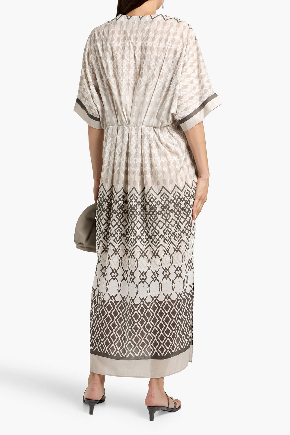 Brunello Cucinelli Pleated Printed Voile Maxi Dress In Gray