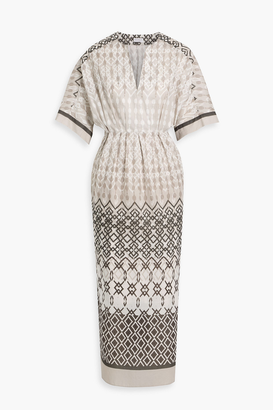 Brunello Cucinelli Pleated Printed Voile Maxi Dress In Gray