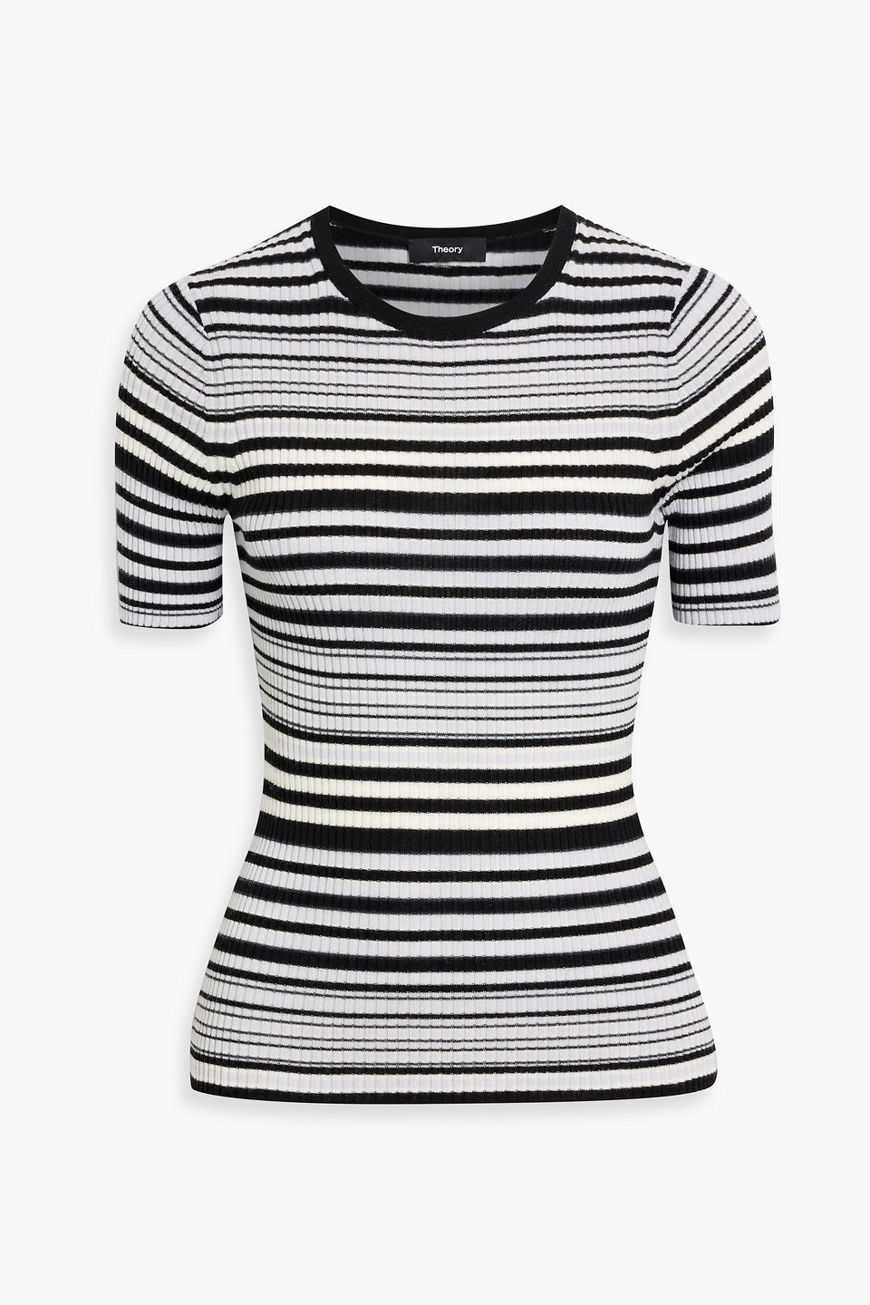 Theory Striped Ribbed Merino Wool Top In Black