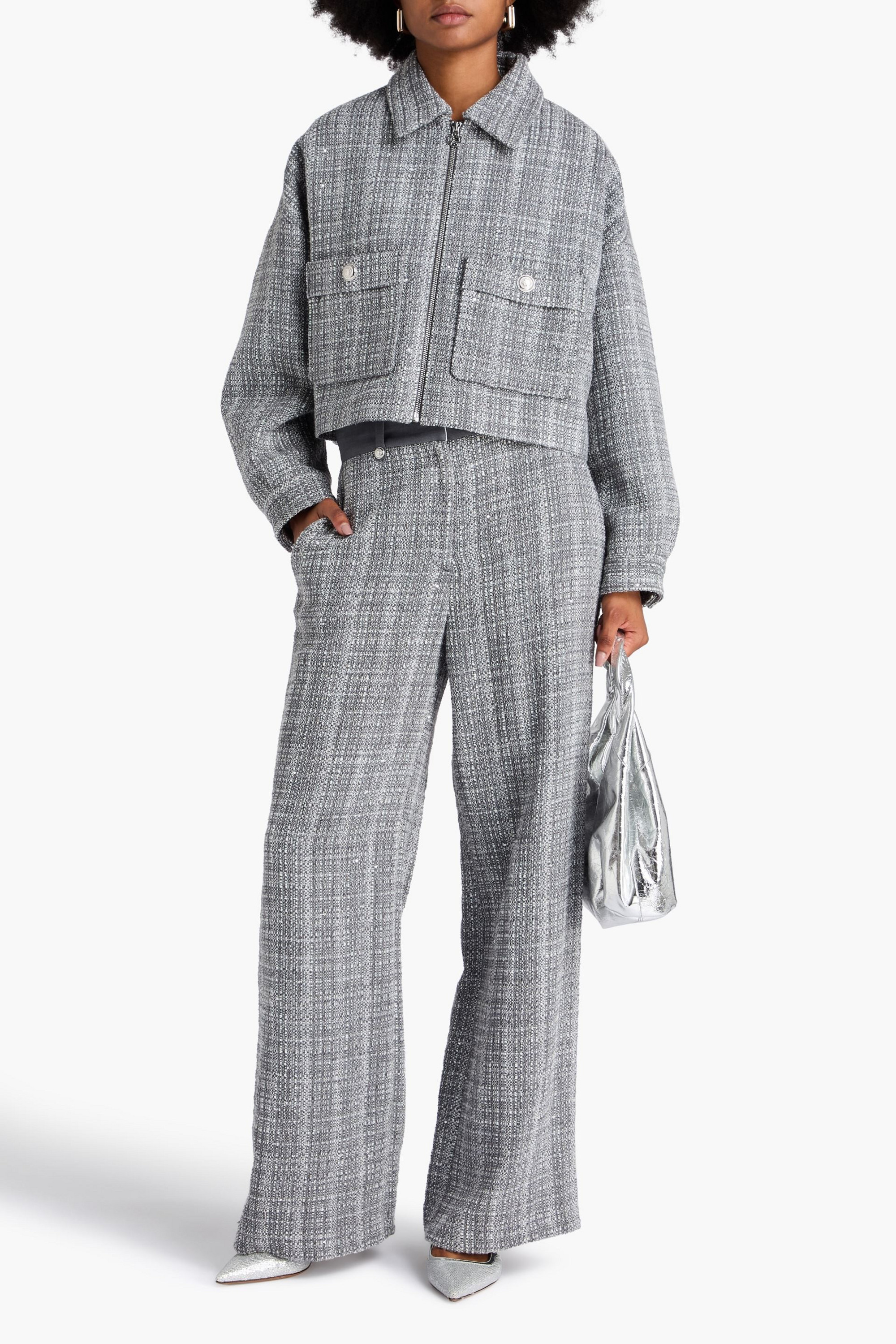 MAJE Cropped sequin-embellished tweed jacket