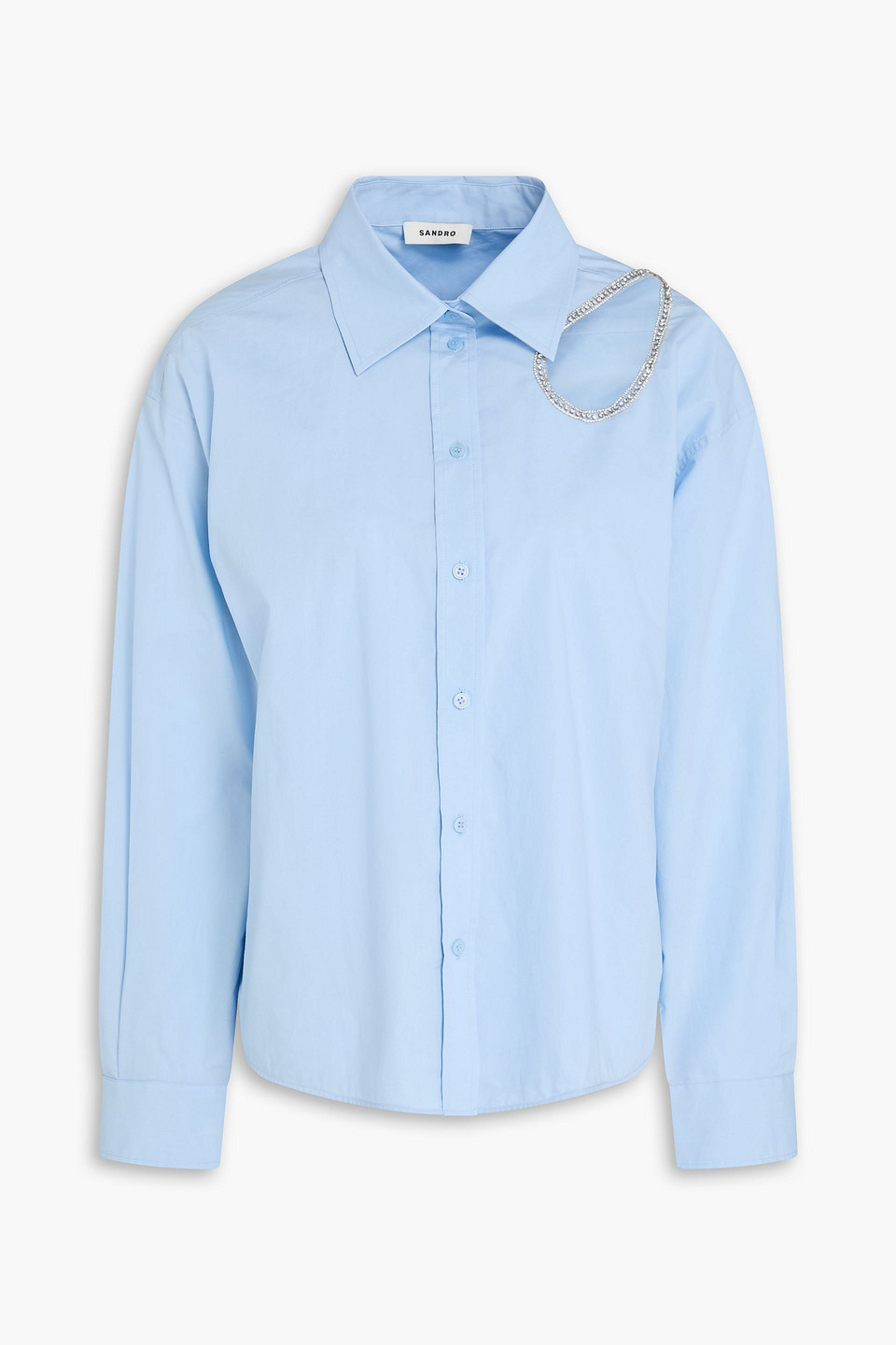 Sandro Crystal-embellished Cutout Cotton-poplin Shirt In Blue