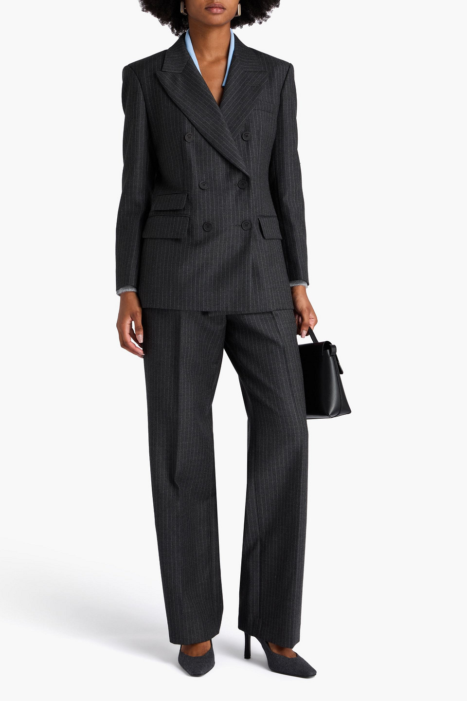 Sandro Double-breasted Pinstriped Wool Blazer In Black