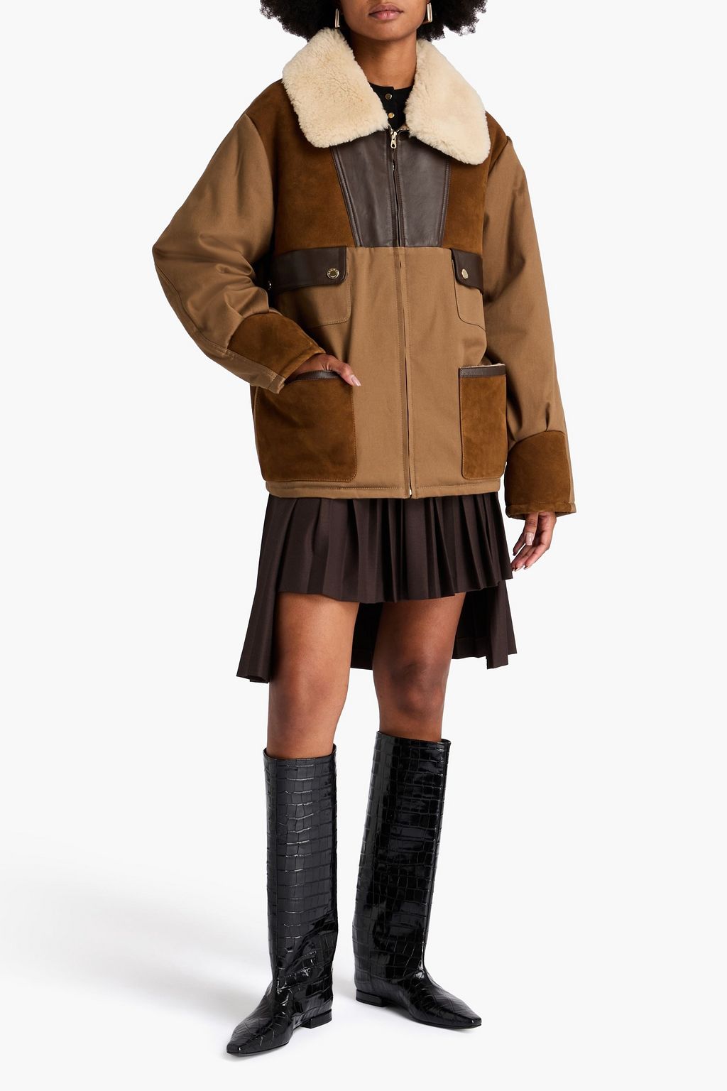 SANDRO Cotton-blend twill and shearling jacket