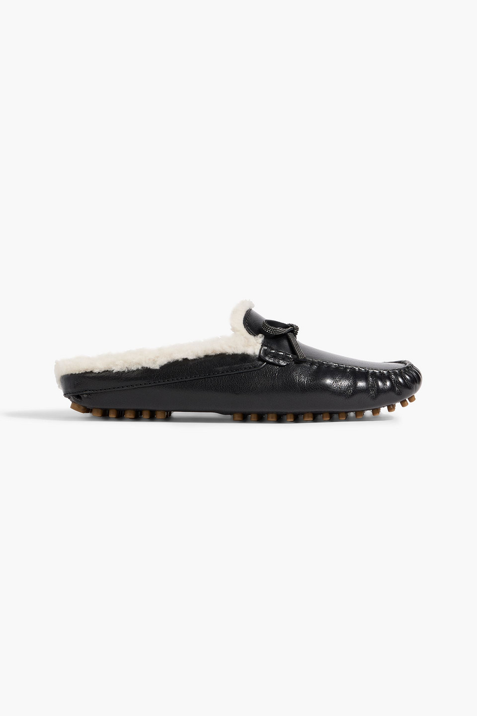 Brunello Cucinelli Shearling-lined Bead-embellished Leather Slippers In Black
