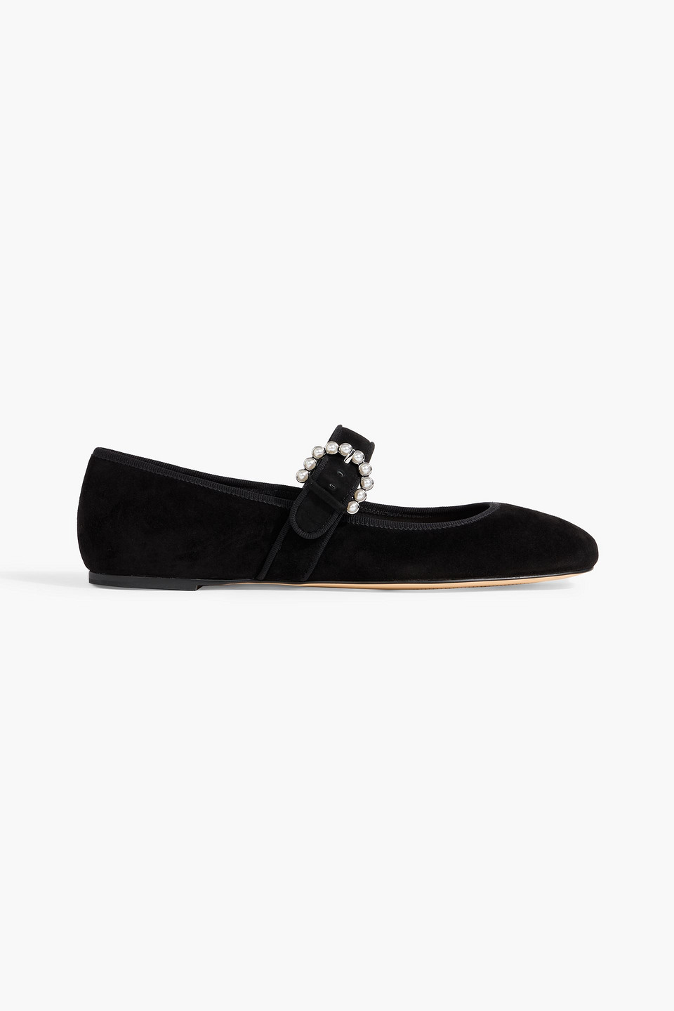 Stuart Weitzman Piper Faux Pearl-embellished Suede Mary Jane Flats In Black