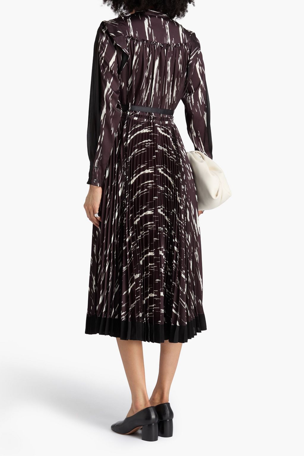 3.1 PHILLIP LIM Plissiertes Midikleid aus glänzendem Twill und Chiffon mit Print und Gürtel