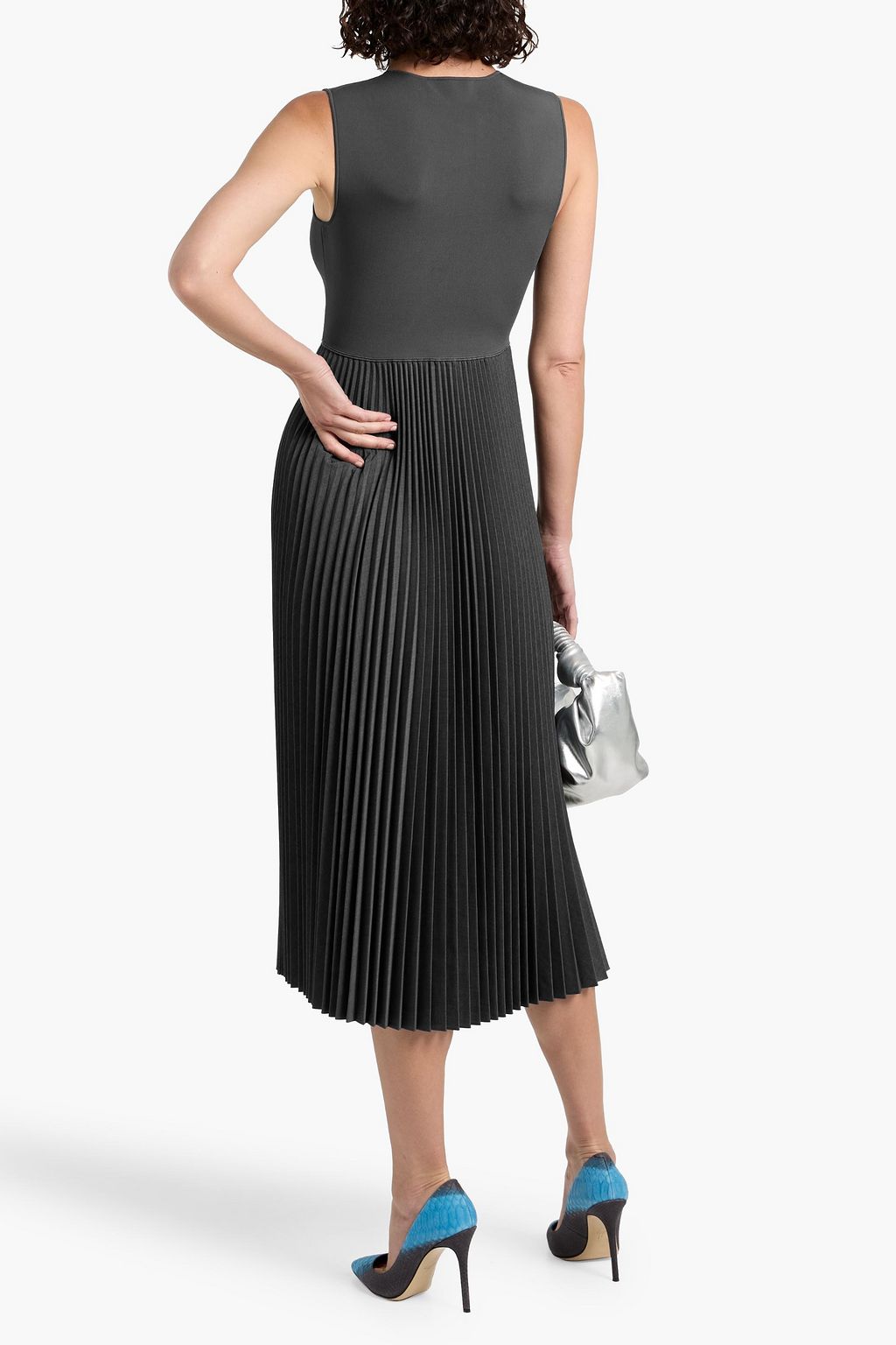 THEORY Pleated flannel and stretch-knit midi dress