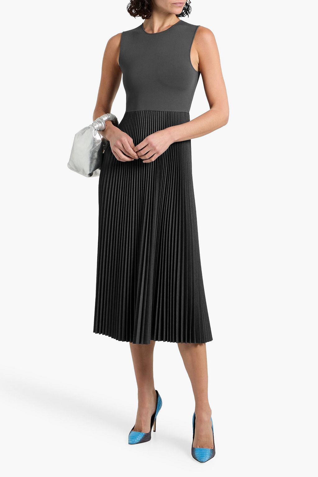 THEORY Pleated flannel and stretch-knit midi dress