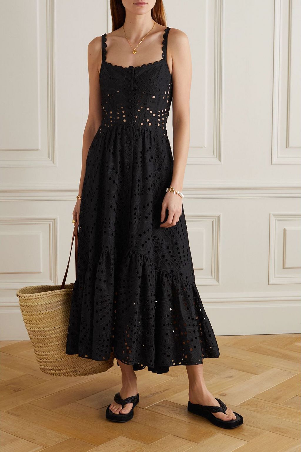 CHARO RUIZ IBIZA Gerafftes Maxikleid „Irene“ aus einer Baumwollmischung mit Lochstickerei