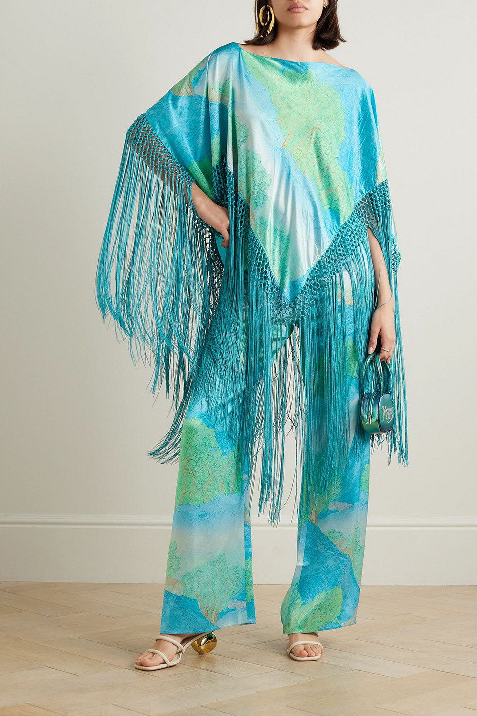 Cult Gaia Ashanti Fringed Printed Silk Top In Blue