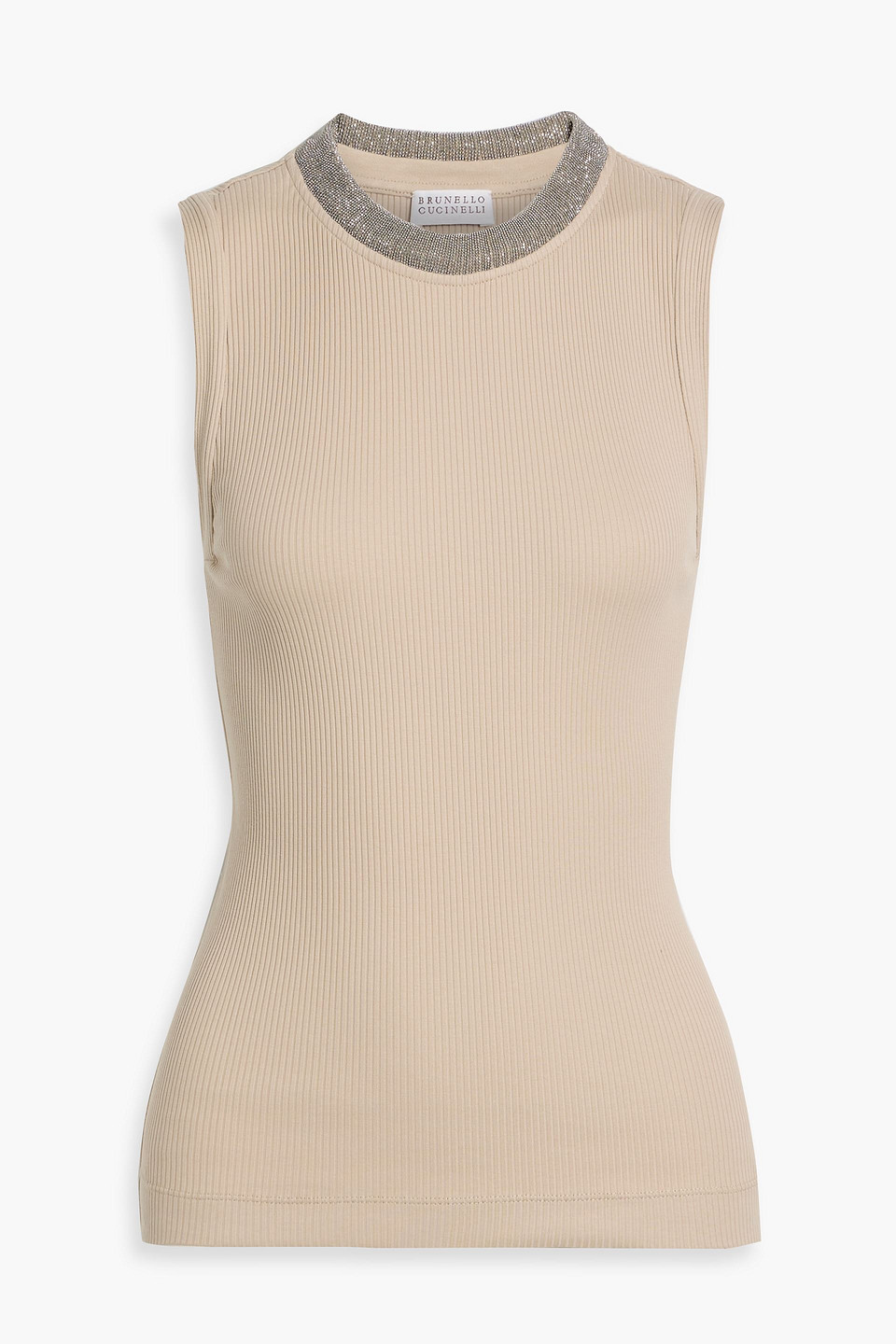 Bead-embellished ribbed cotton-blend jersey tank