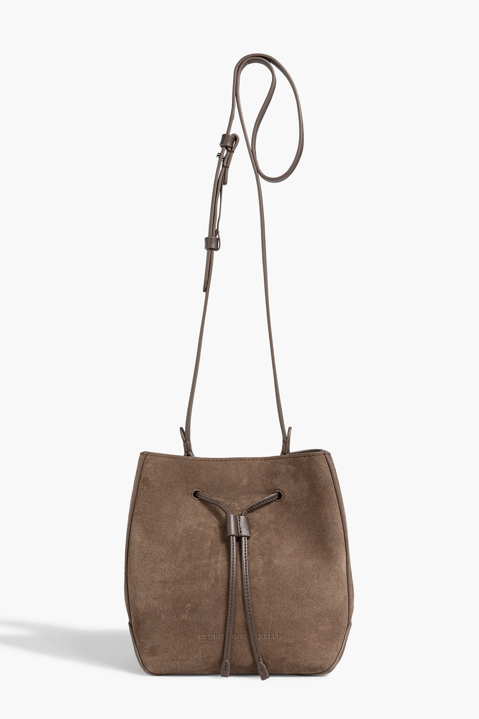 Bead-embellished suede bucket bag