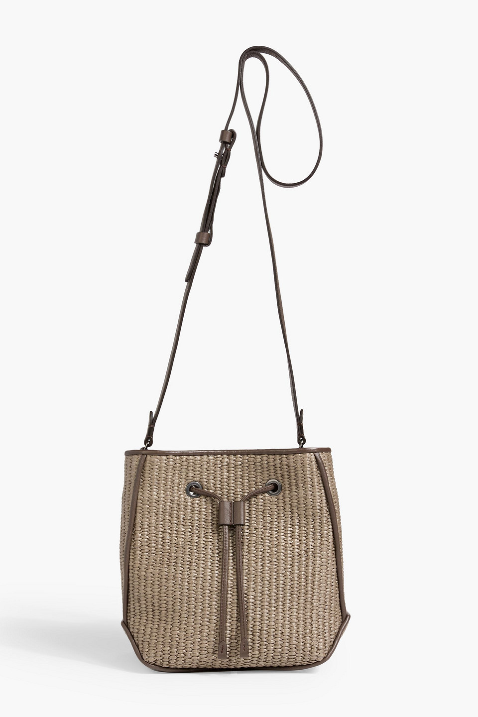 Leather-trimmed faux raffia bucket bag