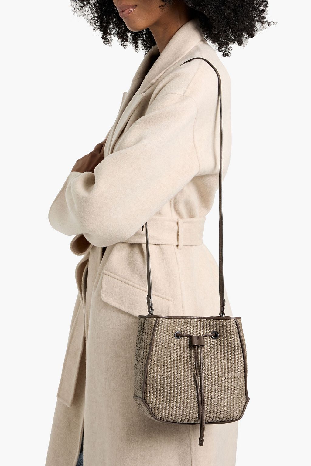 BRUNELLO CUCINELLI Leather-trimmed faux raffia bucket bag