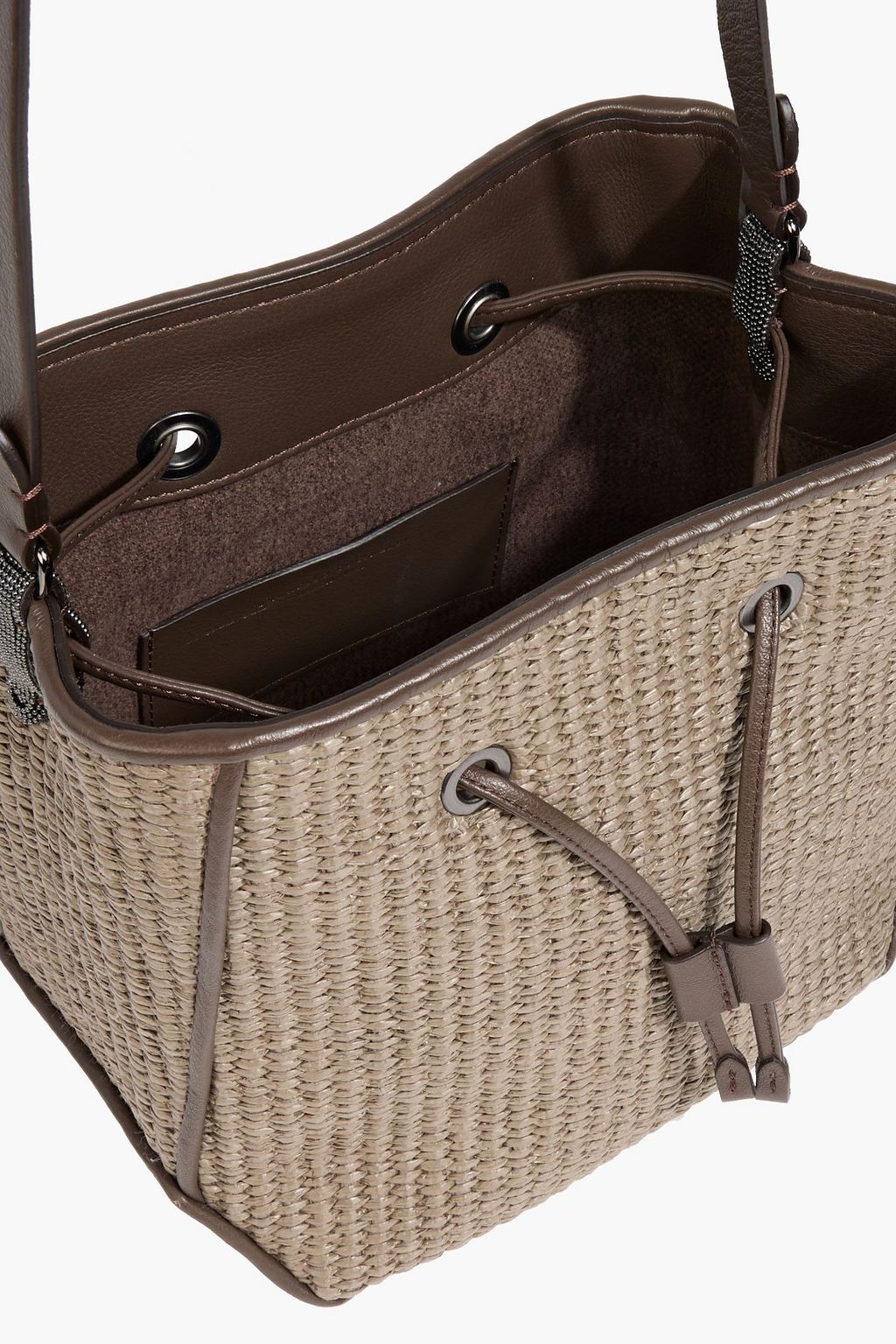 BRUNELLO CUCINELLI Leather-trimmed faux raffia bucket bag
