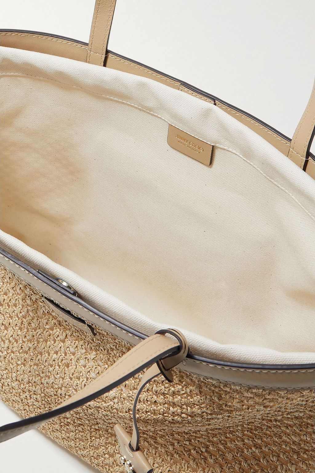 JIMMY CHOO Nine2Five metallic leather-trimmed raffia tote