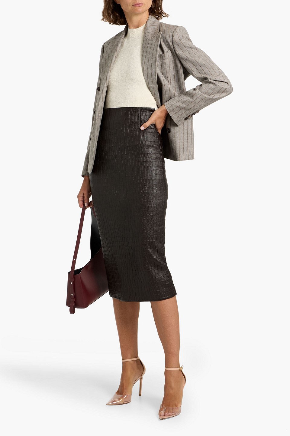 Brunello Cucinelli Double-breasted Pinstriped Wool Blazer In Gray