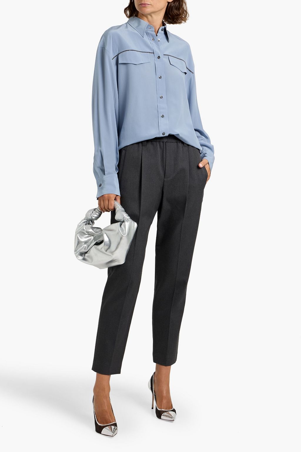 BRUNELLO CUCINELLI Bead-embellished cotton-blend twill tapered pants