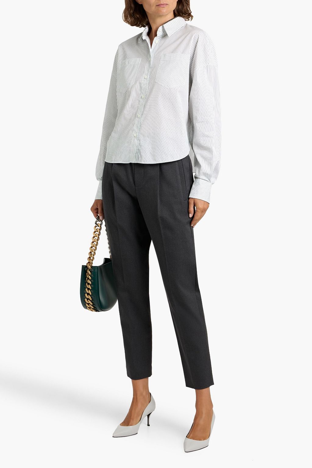 BRUNELLO CUCINELLI Cropped pinstriped cotton and silk-blend poplin shirt
