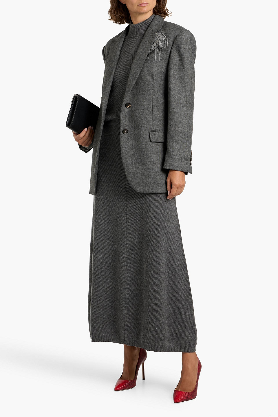 Brunello Cucinelli Embellished Wool-tweed Blazer In Gray