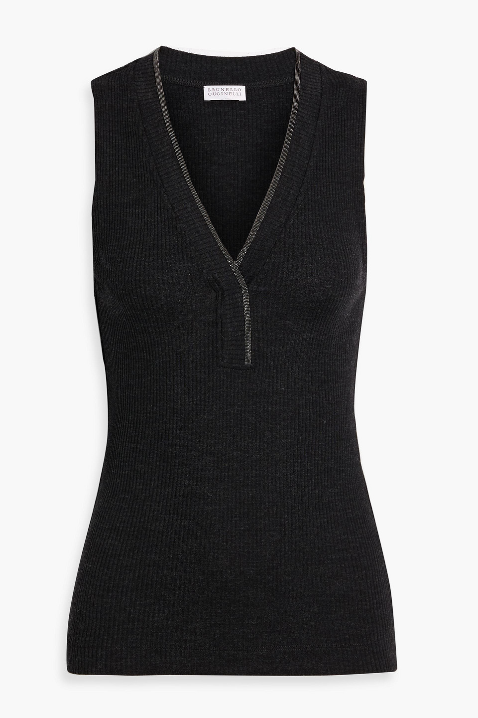 Brunello Cucinelli Bead-embellished Ribbed Wool Top In Black
