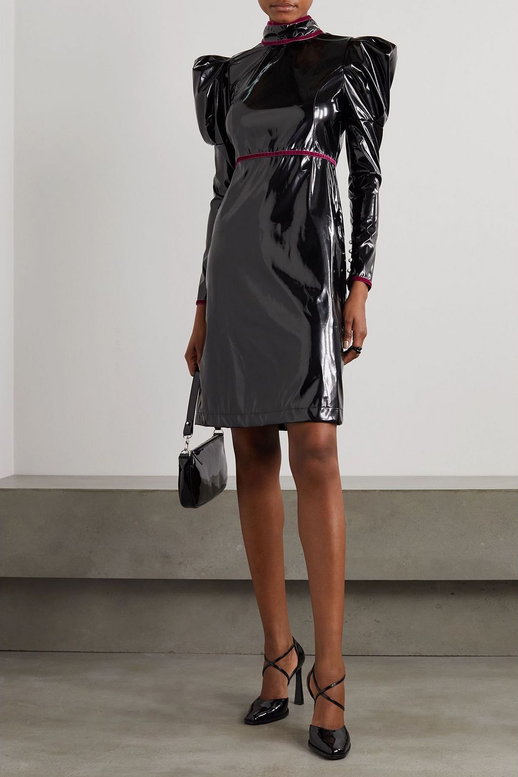 BATSHEVA Tate velvet-trimmed vinyl midi dress