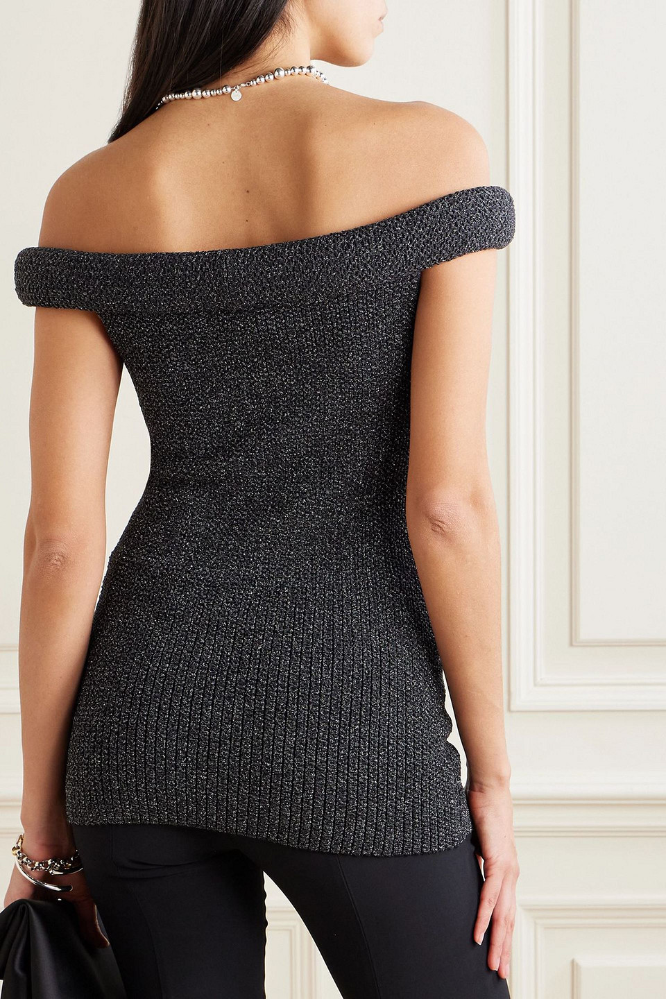 Totême Driana Off-the-shoulder Metallic Ribbed-knit Top In Black