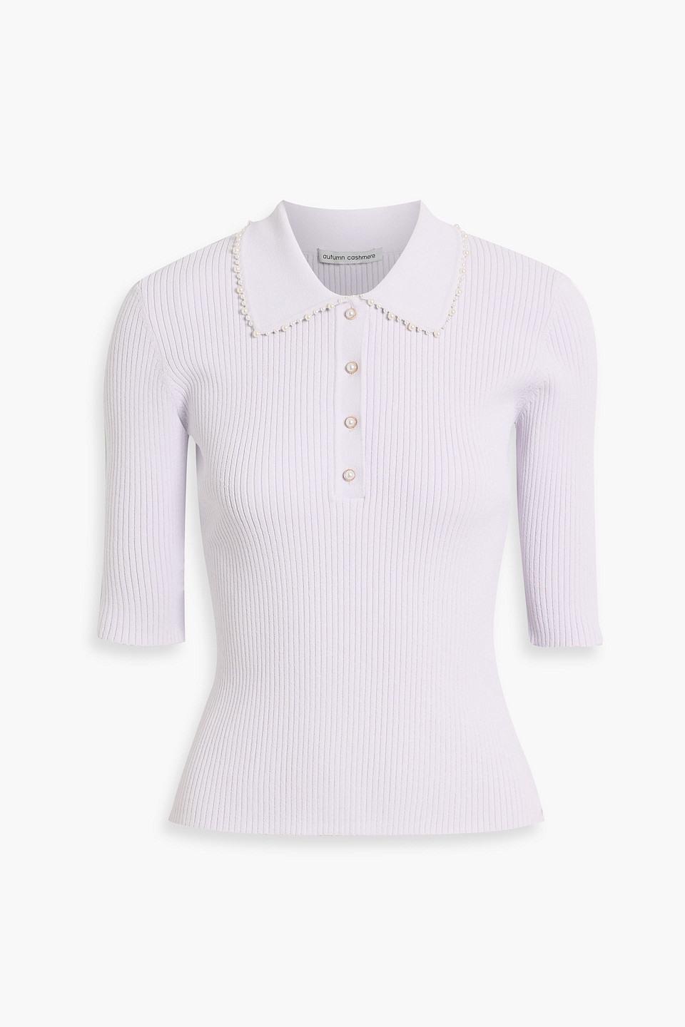 Autumn Cashmere Faux Pearl-embellished Ribbed-knit Polo Shirt In Blue