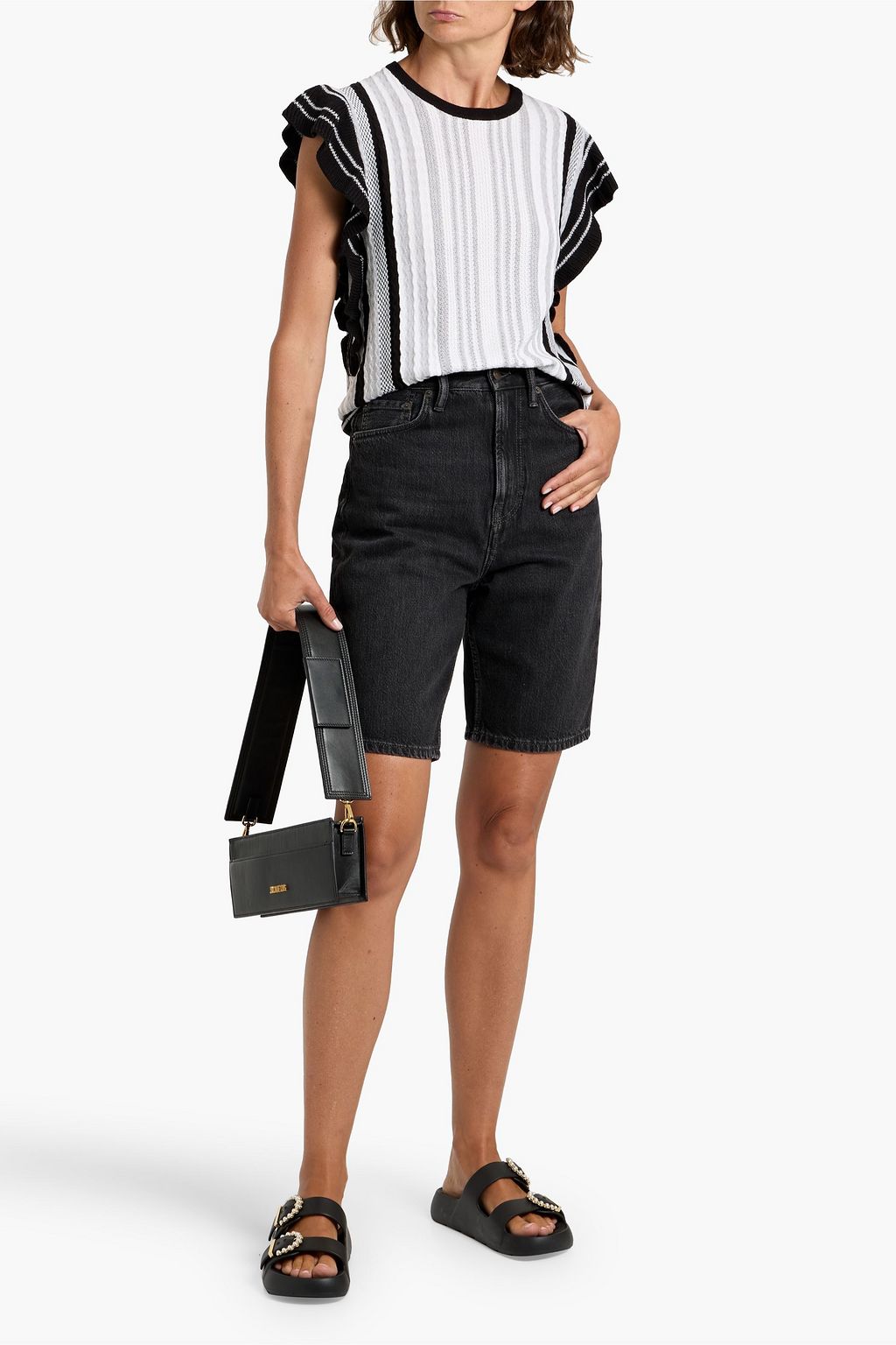 AUTUMN CASHMERE Ruffled striped jacquard-knit cotton top