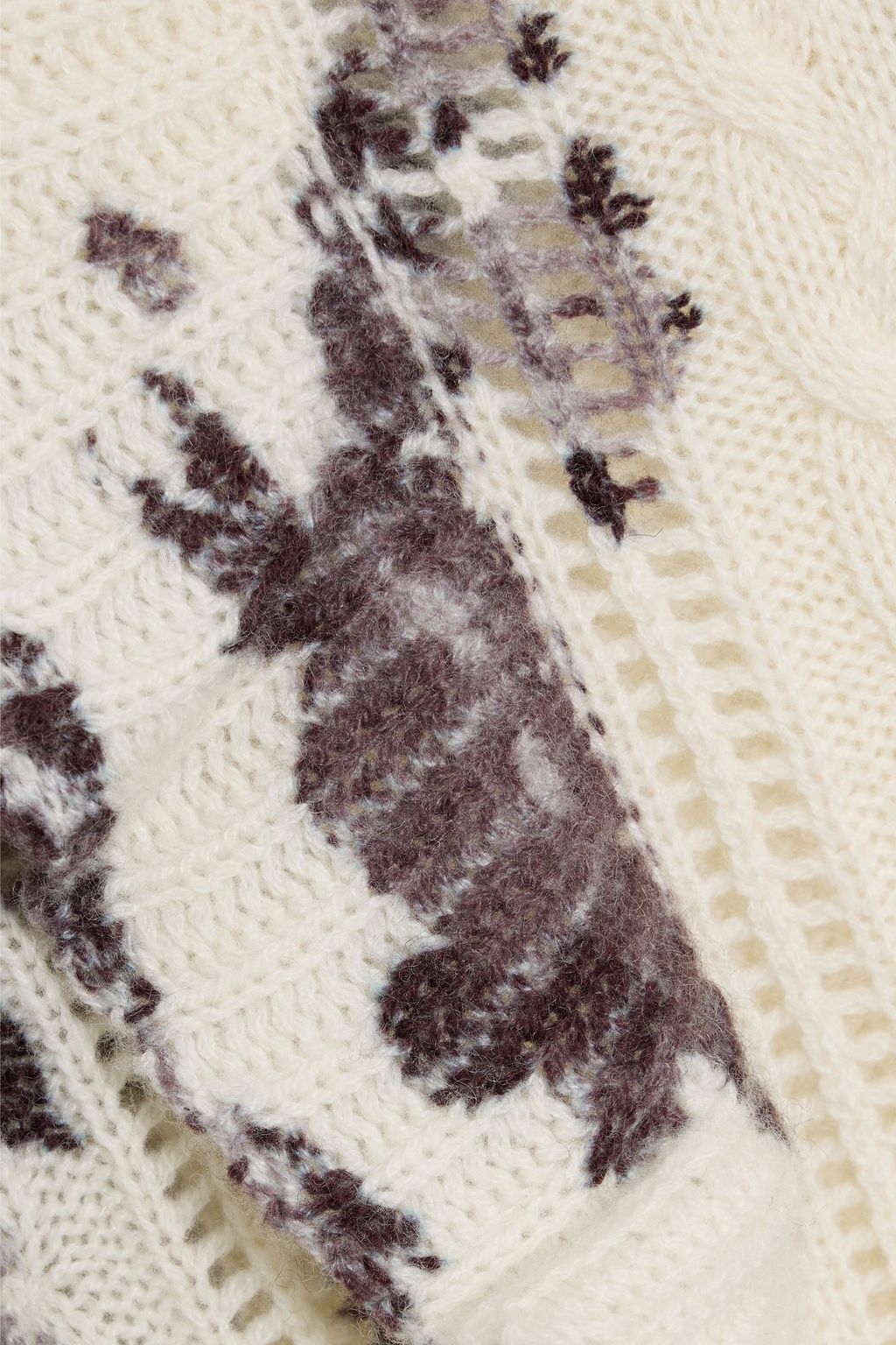 AUTUMN CASHMERE Ruffled floral-print pointelle and cable-knit cashmere sweater