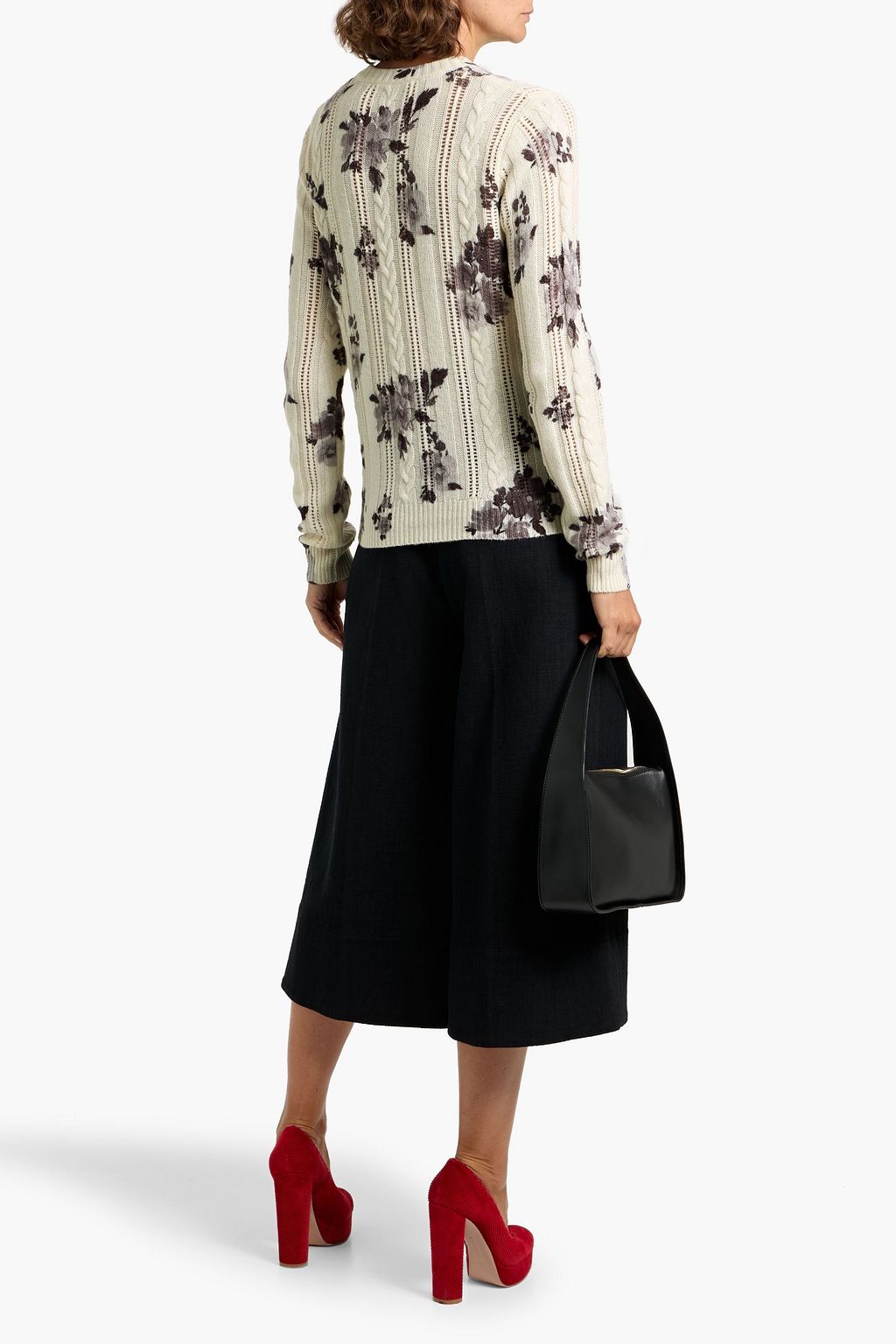 AUTUMN CASHMERE Ruffled floral-print pointelle and cable-knit cashmere sweater