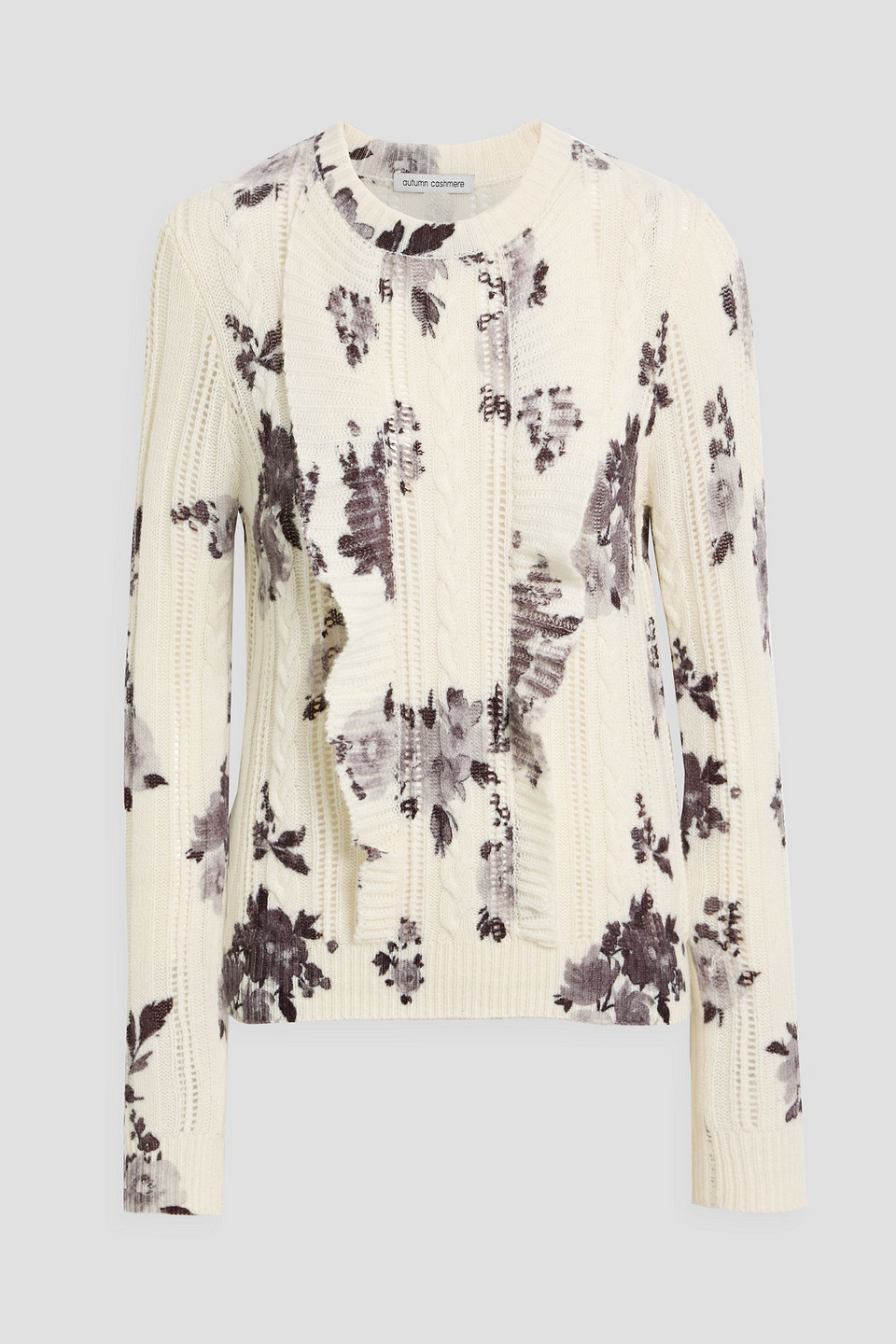 Autumn Cashmere Ruffled Floral-print Pointelle And Cable-knit Cashmere Sweater In White