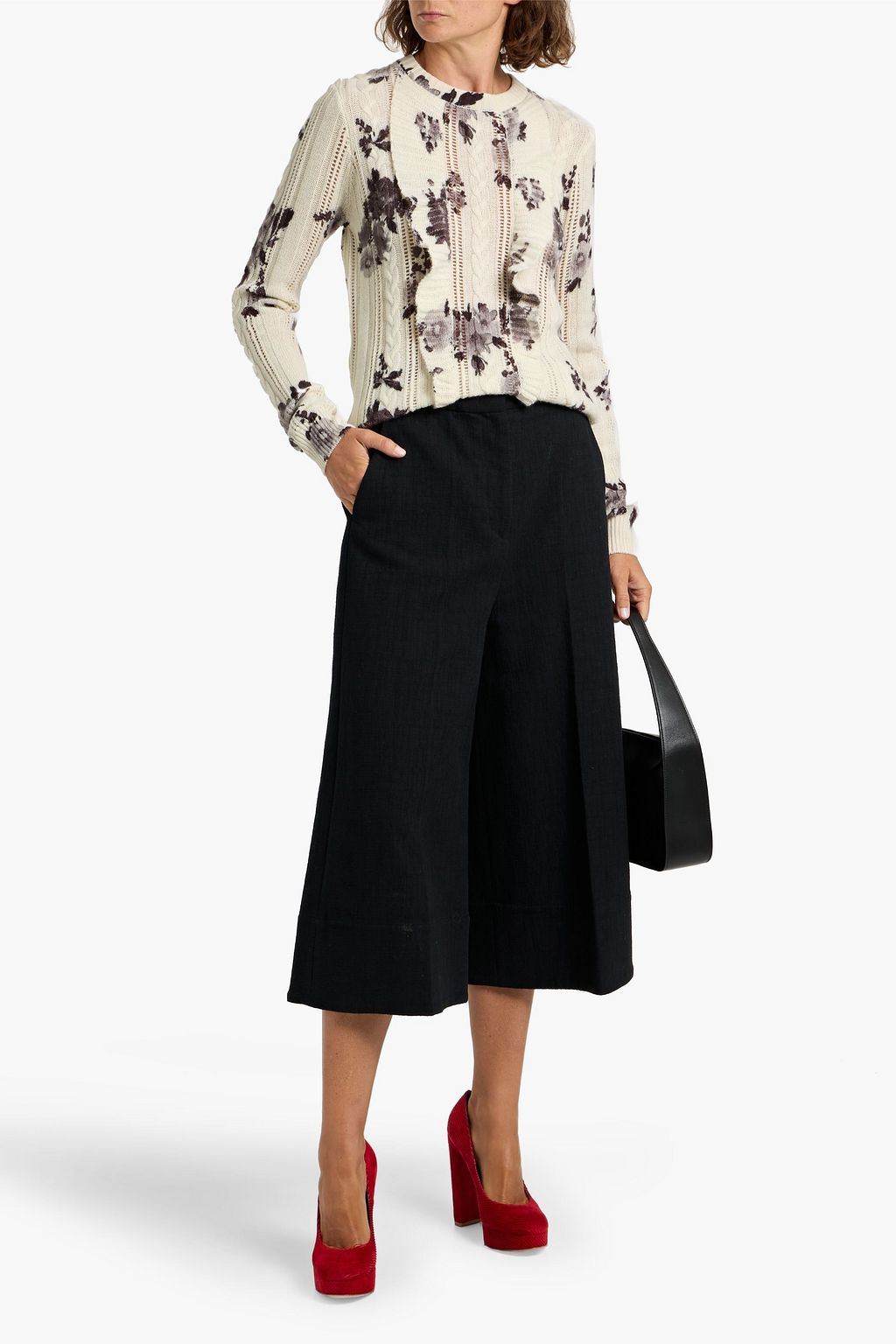 AUTUMN CASHMERE Ruffled floral-print pointelle and cable-knit cashmere sweater