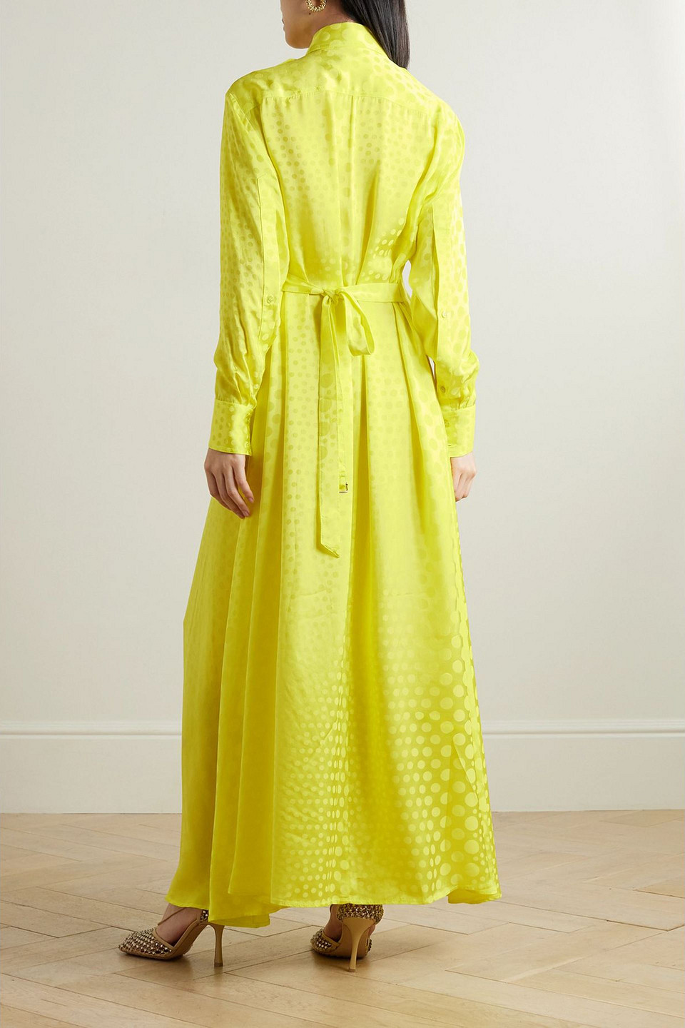  Christopher John Rogers - Maxi-hemdblusenkleid Aus Glänzendem Jacquard Mit Punkten Und Bindegürtel - Gelb - Xs 