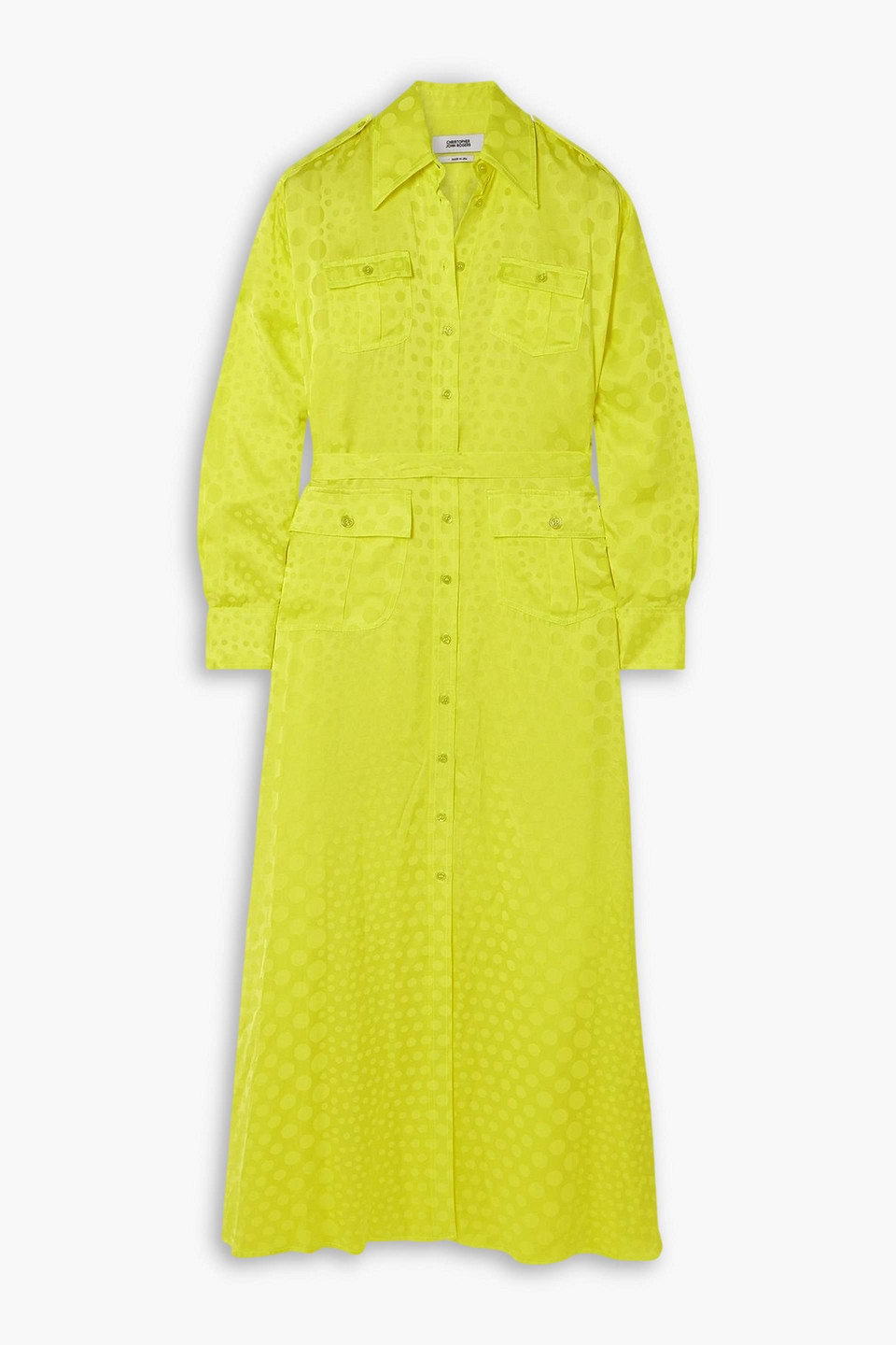Christopher John Rogers Belted Polka-dot Satin-jacquard Maxi Shirt Dress In Green