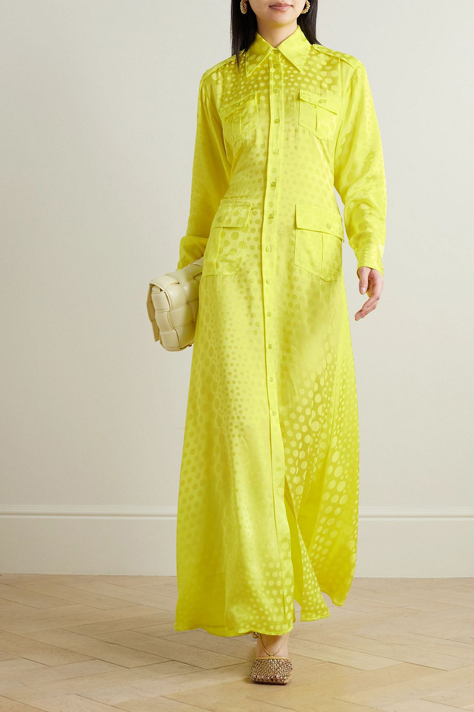  Christopher John Rogers - Maxi-hemdblusenkleid Aus Glänzendem Jacquard Mit Punkten Und Bindegürtel - Gelb - Xs 