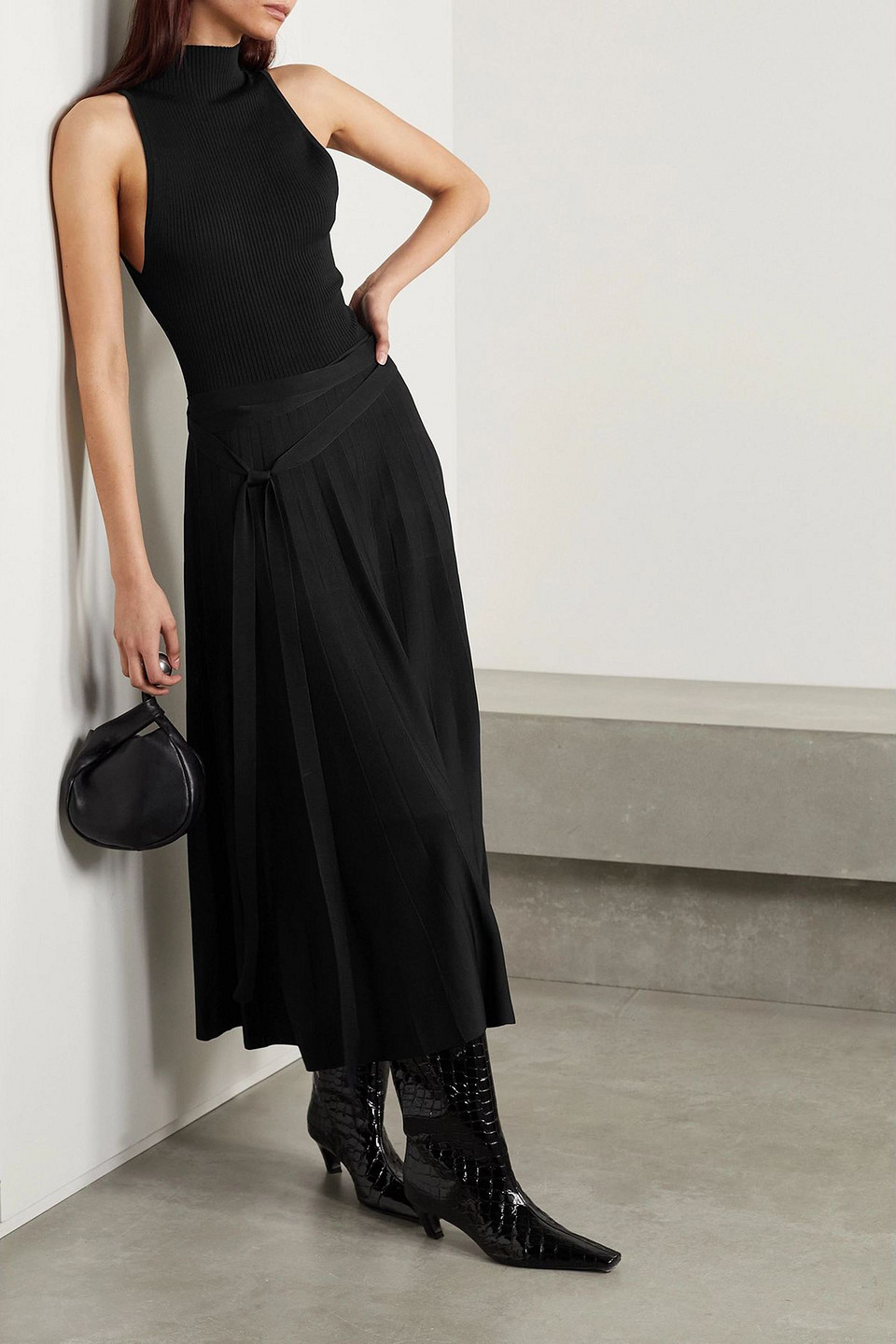  Another Tomorrow - Maxikleid Aus Strick Mit Gürtel - Schwarz - Xs 