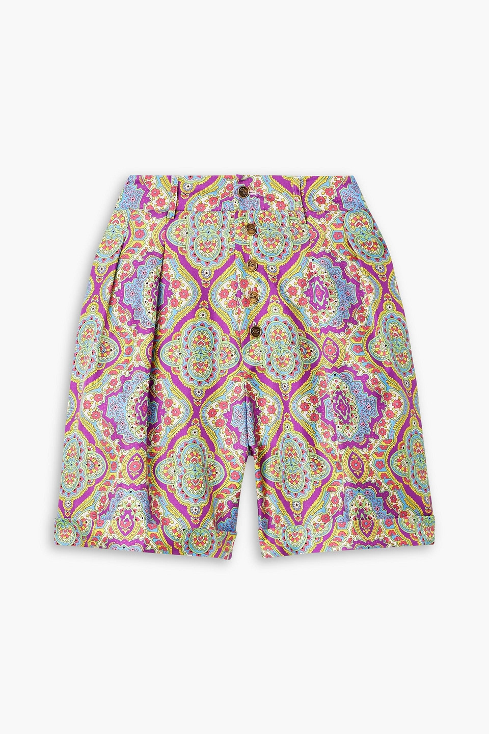 Pleated printed silk-twill shorts