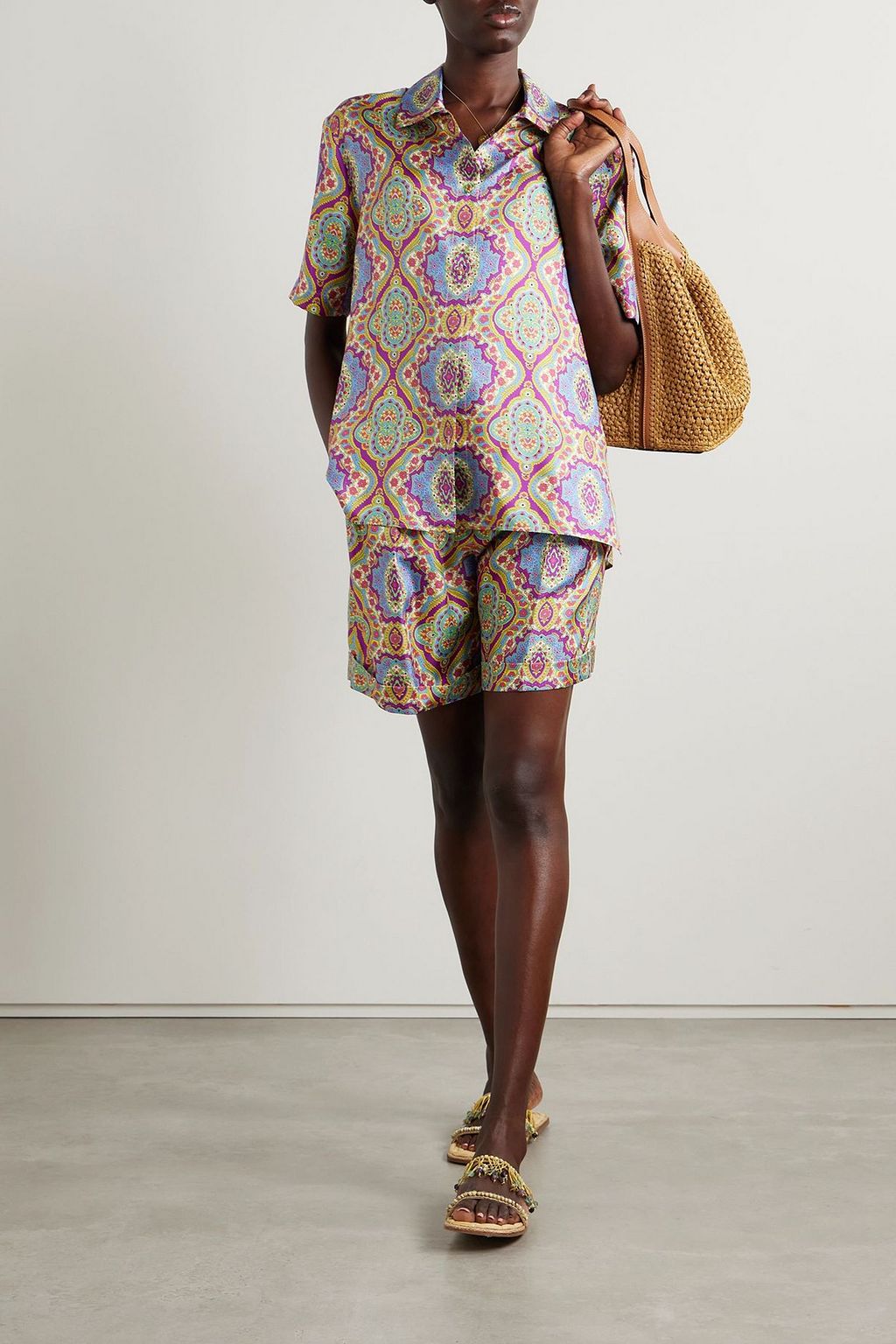 ETRO Pleated printed silk-twill shorts