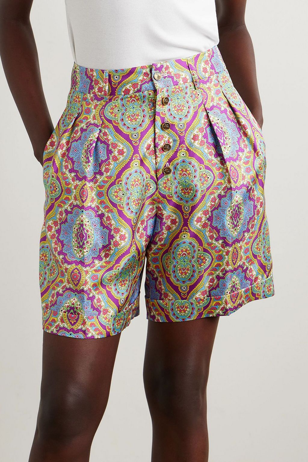 ETRO Pleated printed silk-twill shorts