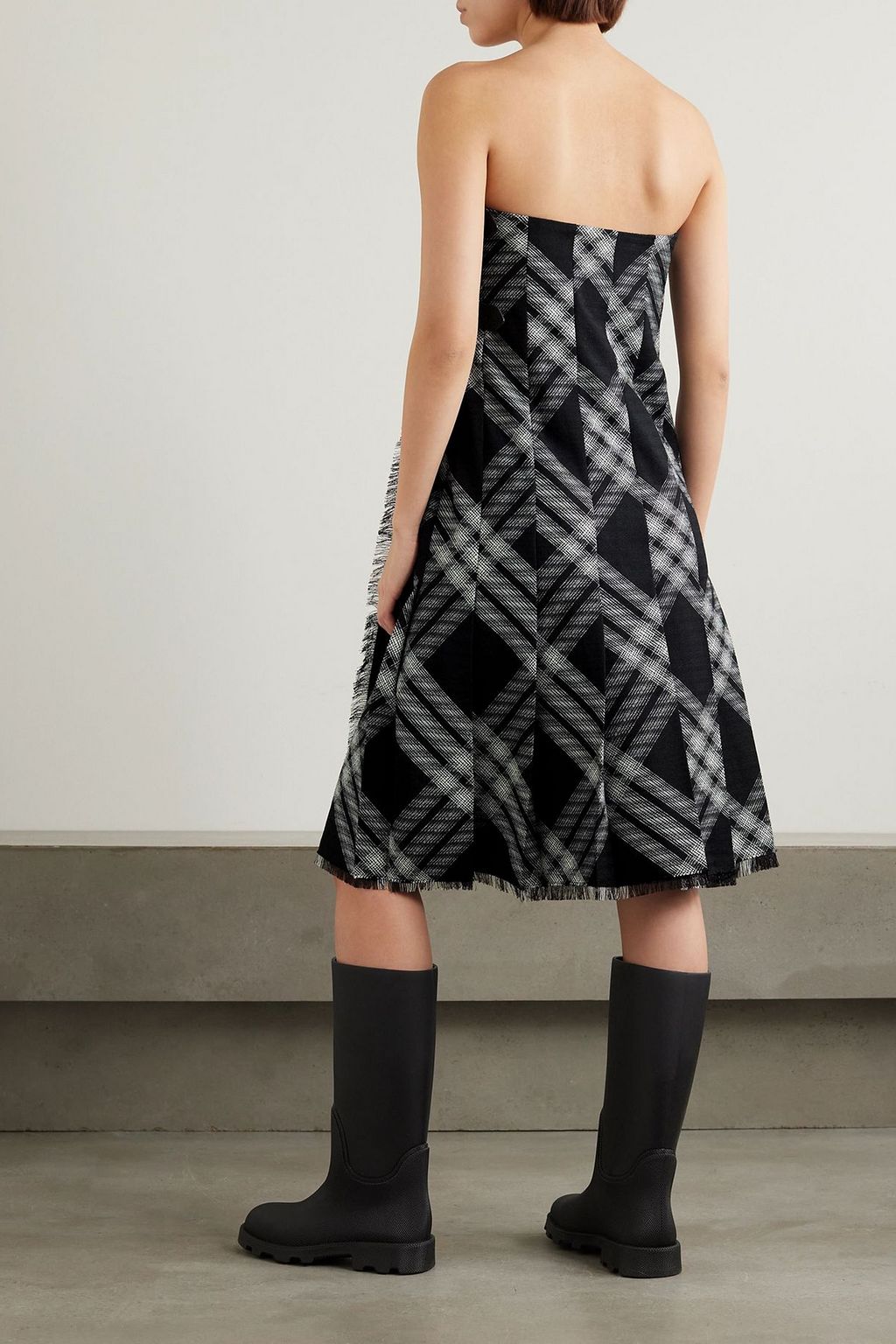 BURBERRY Strapless leather-trimmed checked wool mini dress