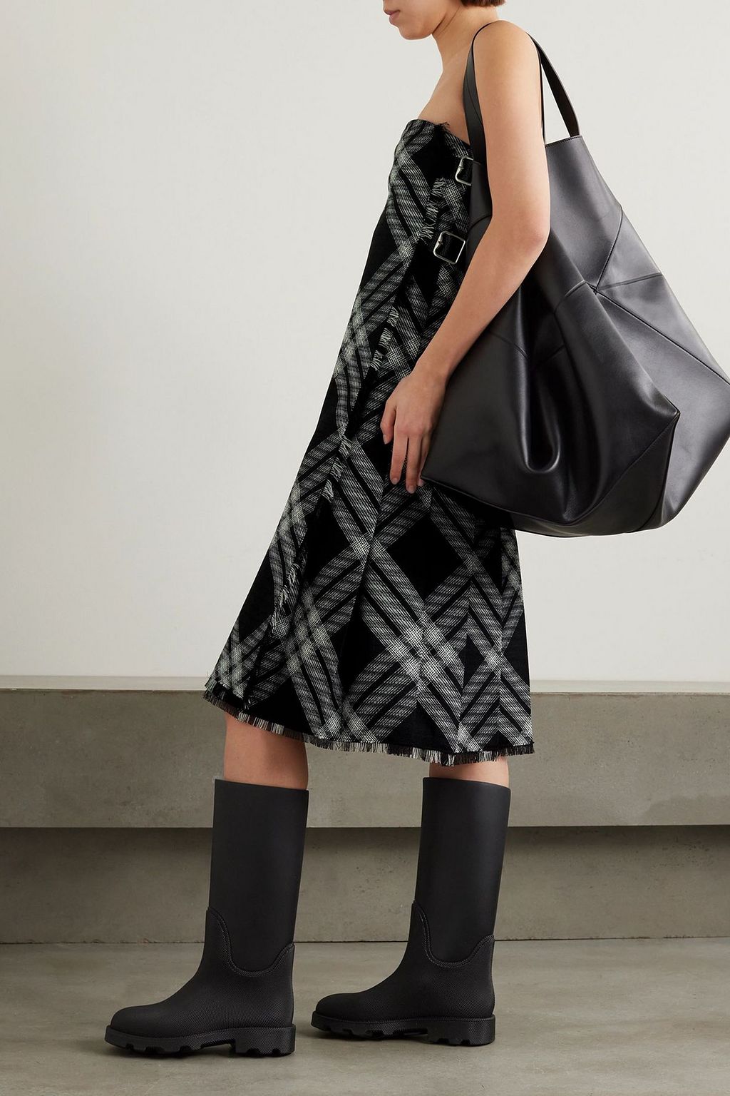 BURBERRY Strapless leather-trimmed checked wool mini dress