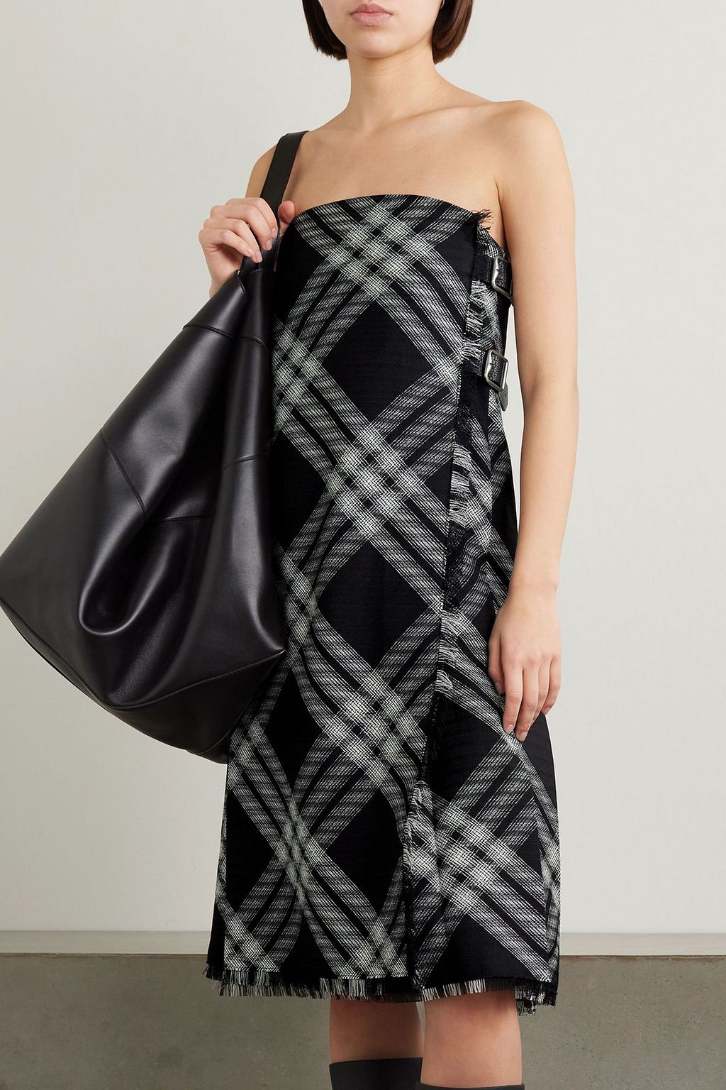 BURBERRY Strapless leather-trimmed checked wool mini dress
