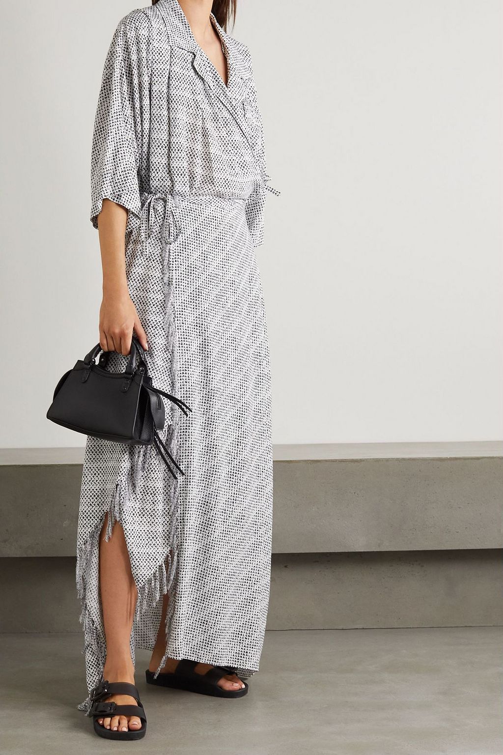BALENCIAGA Asymmetric fringed printed poplin wrap skirt