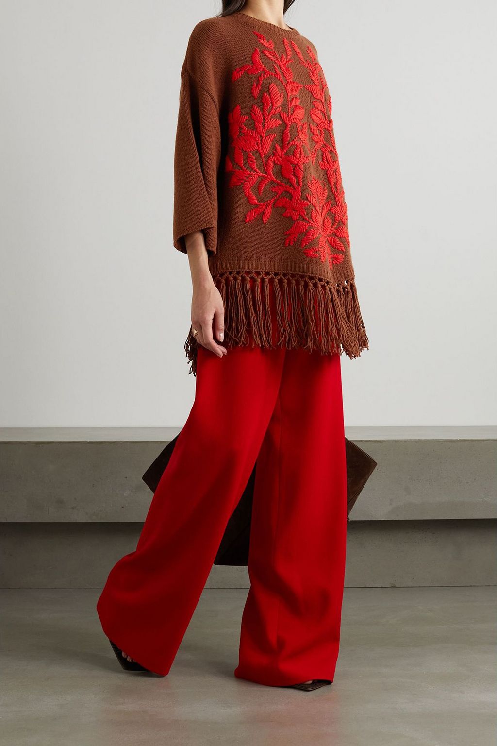 VALENTINO GARAVANI Fringed embroidered wool poncho